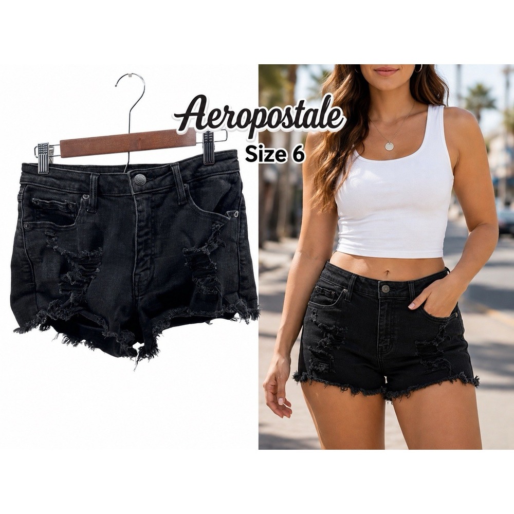 Aeropostale Vintage High Rise Shorty Black Distressed Denim Shorts Size 6